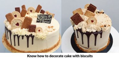 decorate cake with biscuits