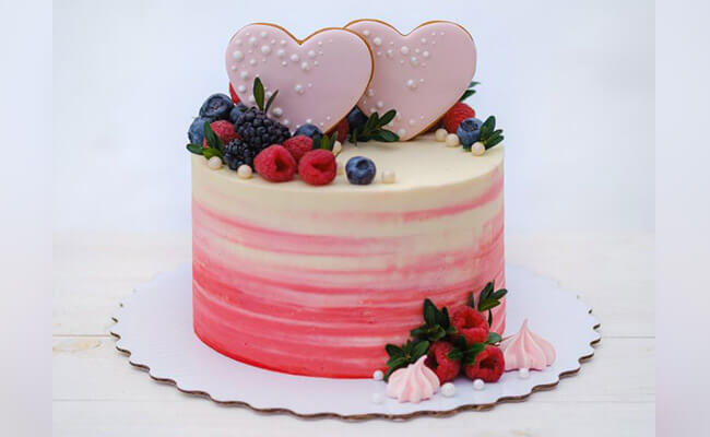 Gradient Cake Topped With Berries & Heart Cookies