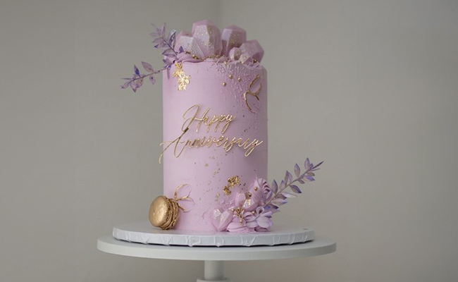 Tall Purple & Golden Floral Fondant Cake