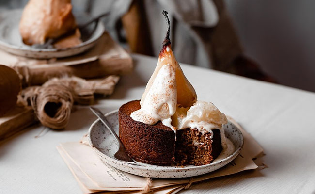 Poached pear cardamom cakes